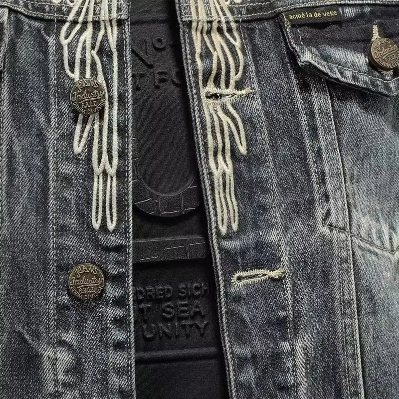 Men's retro denim jacket high street trendy embroidered lapel motorcycle jacket loose casual fashion versatile men's clothing