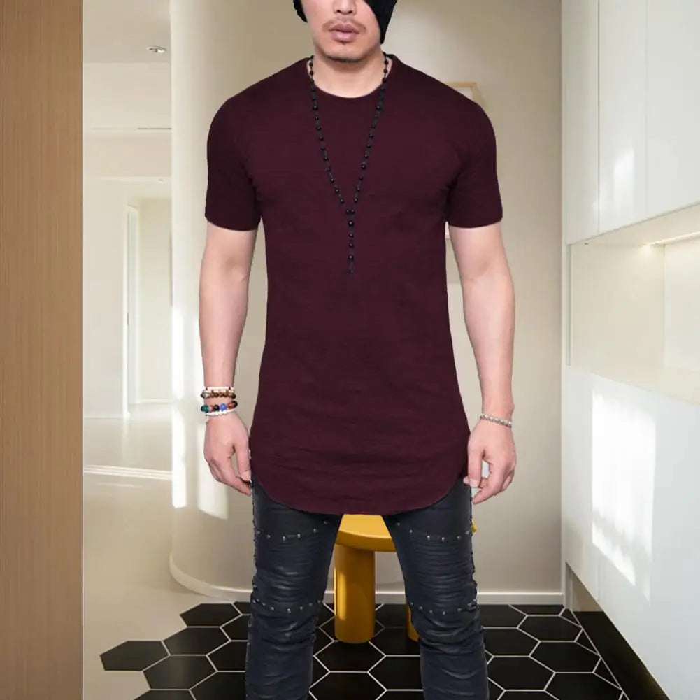 Trendy Men T-shirt Irregular Hem Men Summer T-shirt Slim Fit Crew Neck Men Summer T-shirt  Match Pants