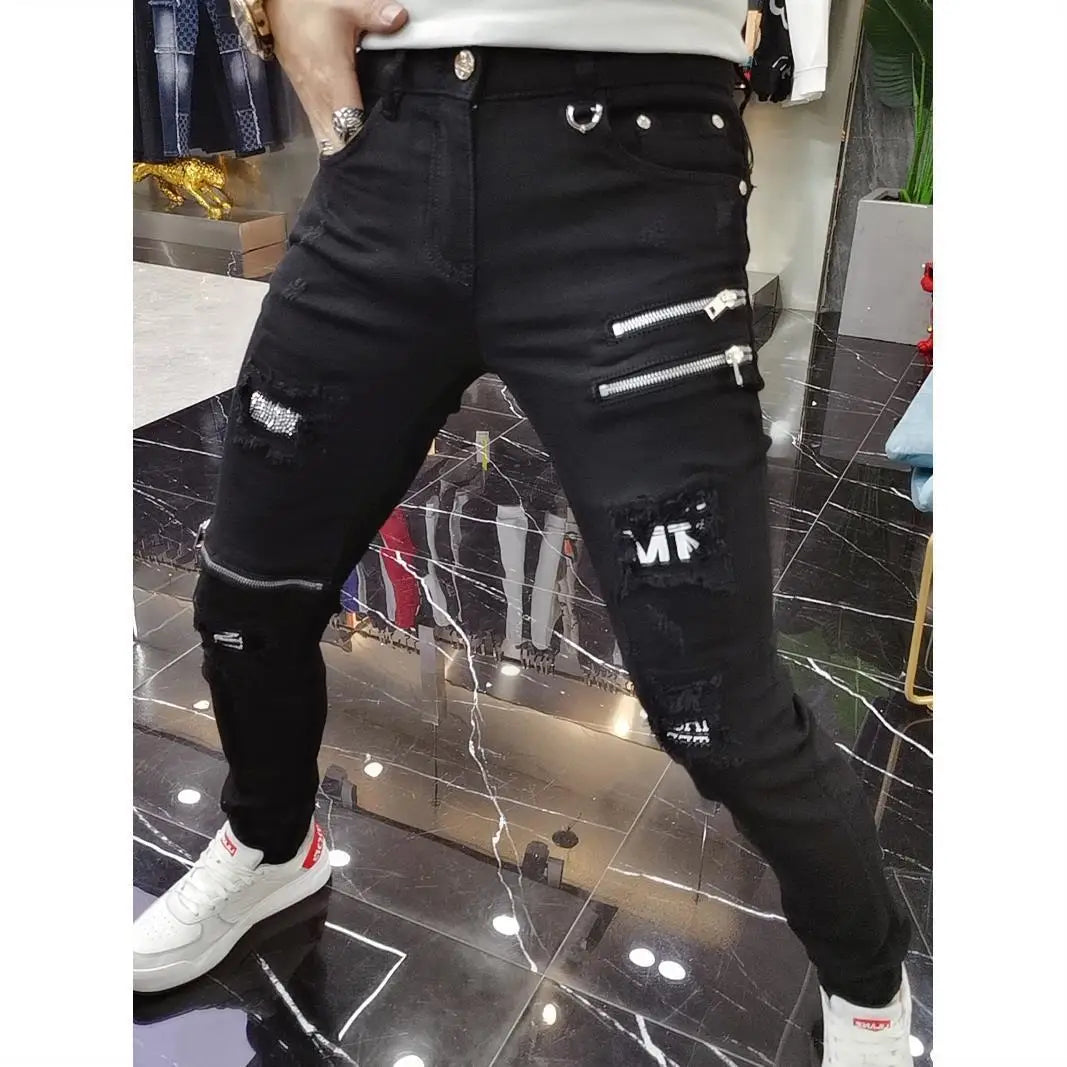 Luxury Men's High Street Korean Black Jeans with Zipper Distressed Hole Designer Youth Trend Slim-Fit Black Cotton Trousers