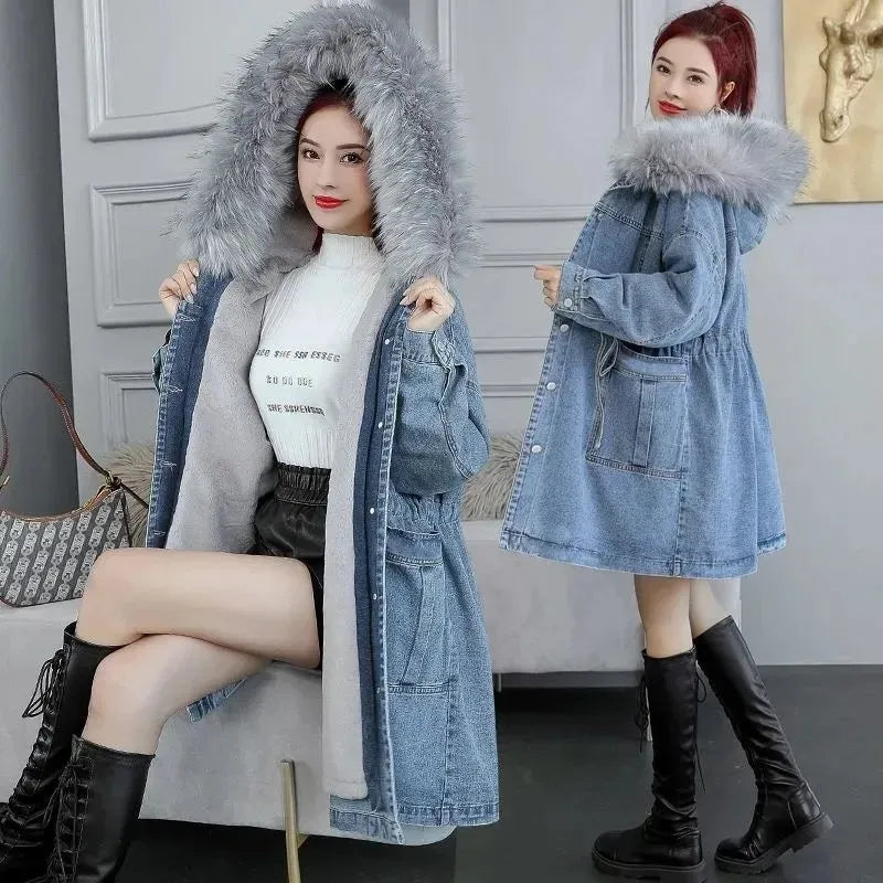 Women's Jeans Coat 2023 New Winter Coats Thick Wool Denim Jacket Korea Loose Hooded Fur Collar Long Clothes Outerwear Female