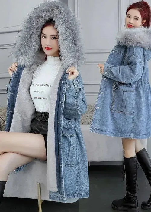 Women's Jeans Coat 2023 New Winter Coats Thick Wool Denim Jacket Korea Loose Hooded Fur Collar Long Clothes Outerwear Female