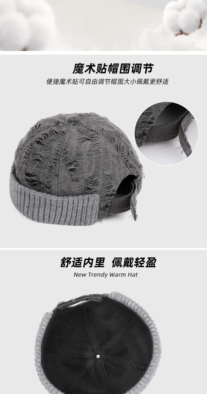 Men's Beanie Cap Knit Hat Boy Skullcap Sailor Cap Cuffs Solid Color Unisex Autumn Warm Cap Korean Version Small Face Cold Hat