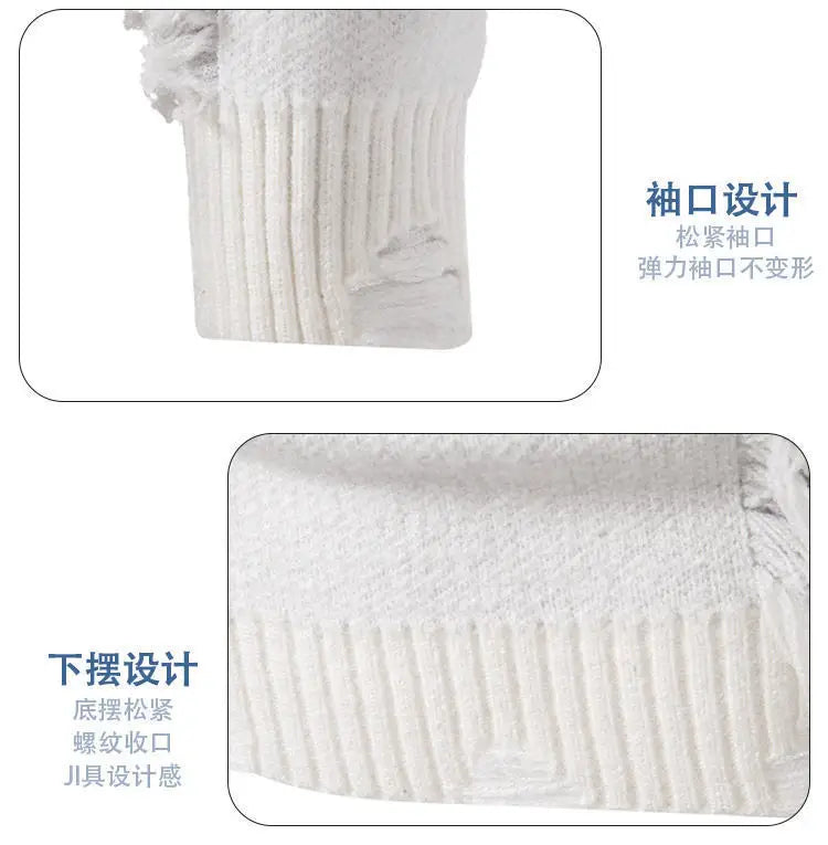Fashion 2025 Autumn and Winter New Men's Sweater Color-blocked Ripped Round Neck Long Sleeve Base Shirt Knitted Sweater