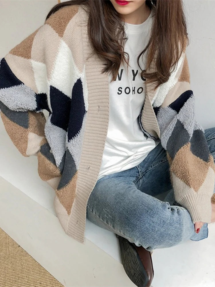 Colorfaith SW658Q Plaid Chic Cardigans Button Puff Sleeve Checkered Oversized Women's Sweaters Winter Spring Sweater Tops