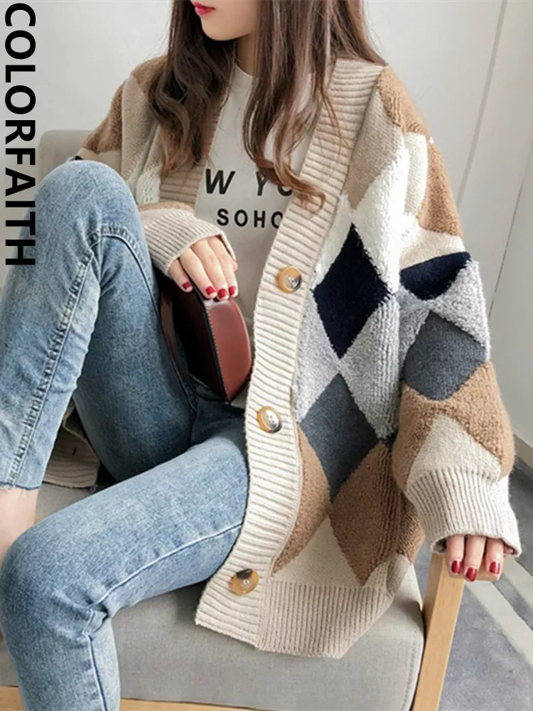 Colorfaith SW658Q Plaid Chic Cardigans Button Puff Sleeve Checkered Oversized Women's Sweaters Winter Spring Sweater Tops