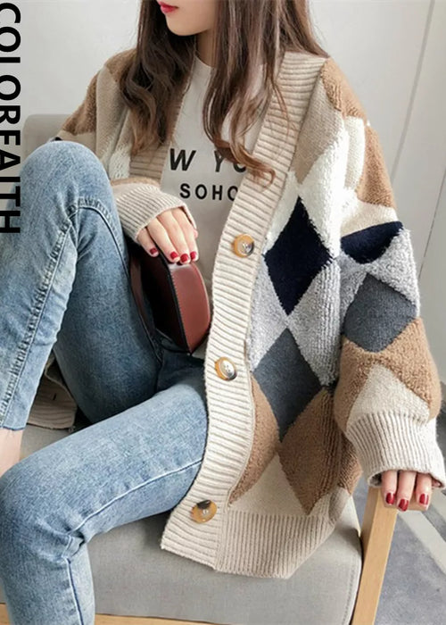 Colorfaith SW658Q Plaid Chic Cardigans Button Puff Sleeve Checkered Oversized Women's Sweaters Winter Spring Sweater Tops