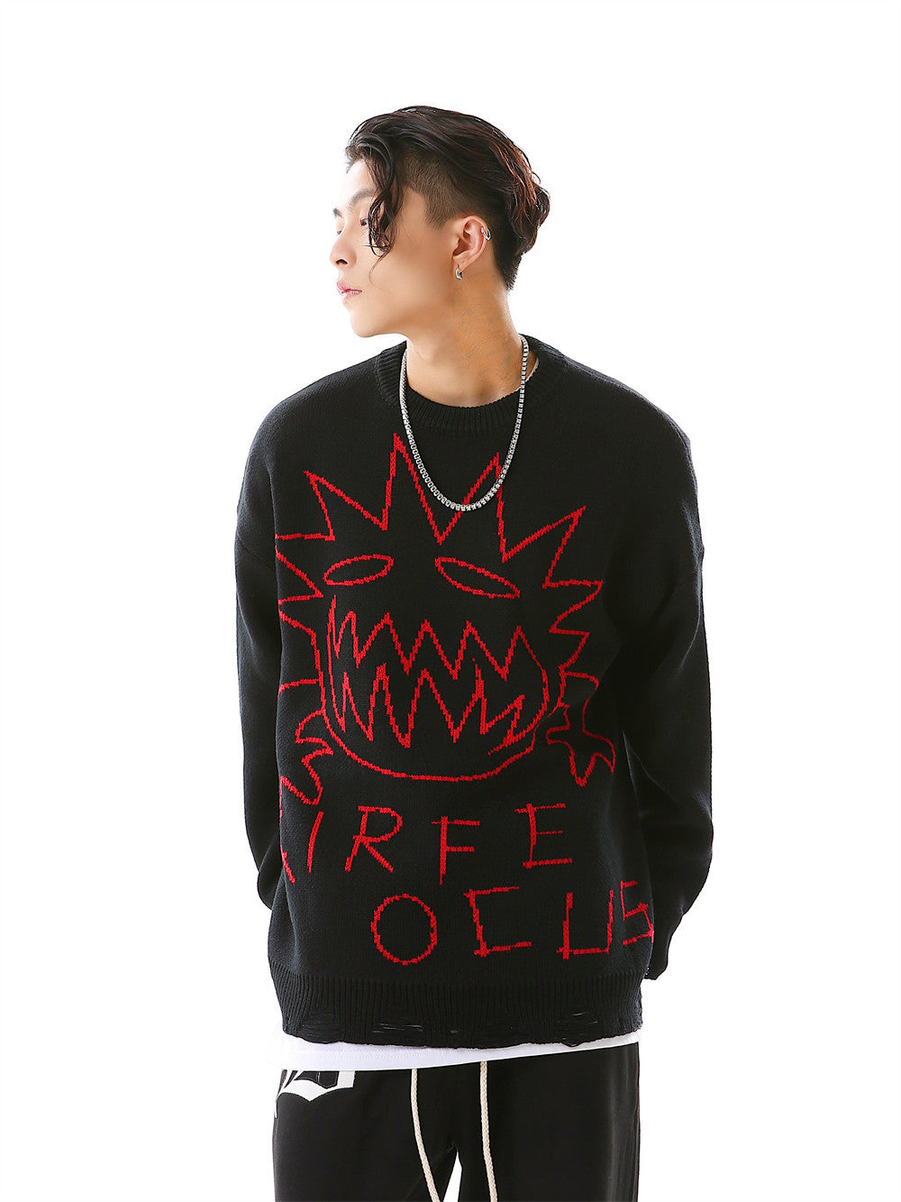 Crew Neck Sweater Men's Crochet Hole Pullover Sweater