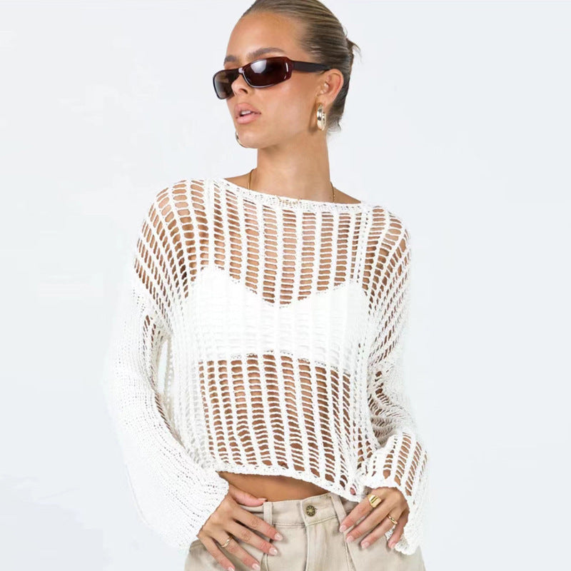 Women's Summer Thin Long Sleeve Hollow-out Knitted Blouse Top