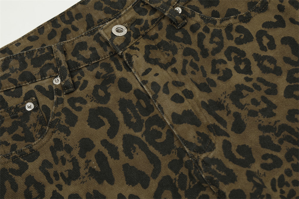 Leopard Print Denim Straight Five-point Pants Men