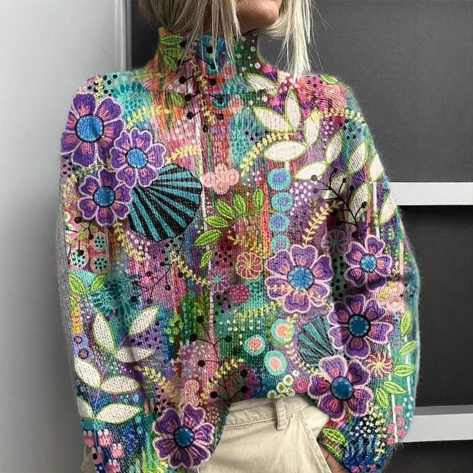 Printed Autumn And Winter New High Neck Long Sleeve Sweaters Women's Clothing