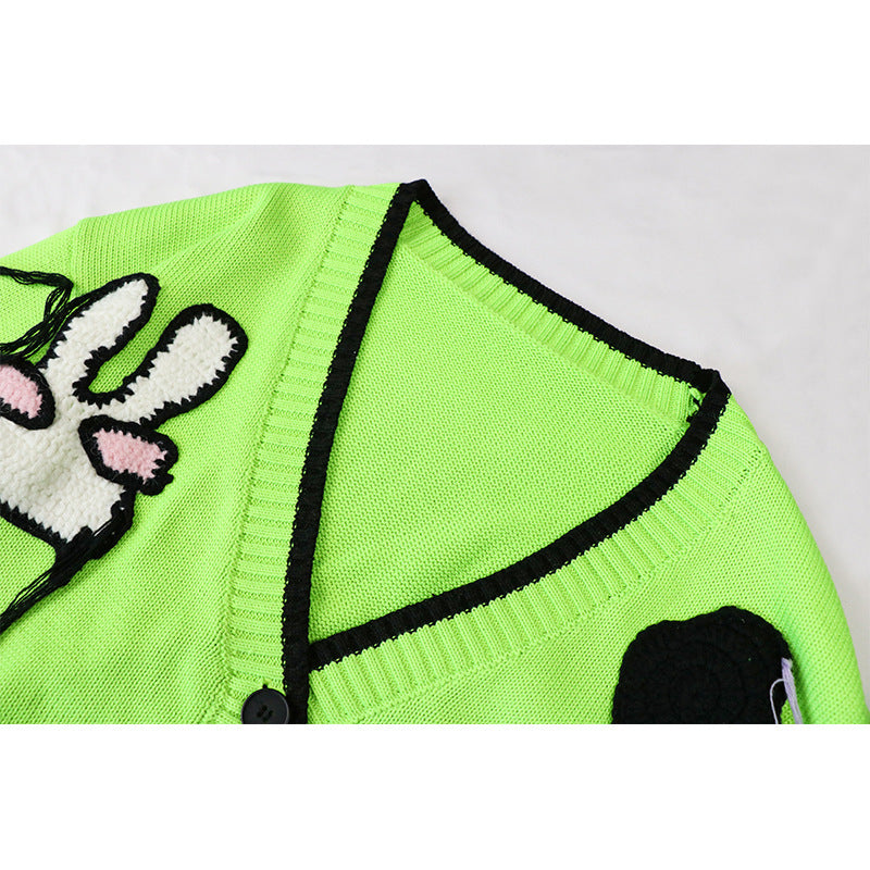 New Loose French V-neck Knitted Cardigan Women Cartoon Embroidery