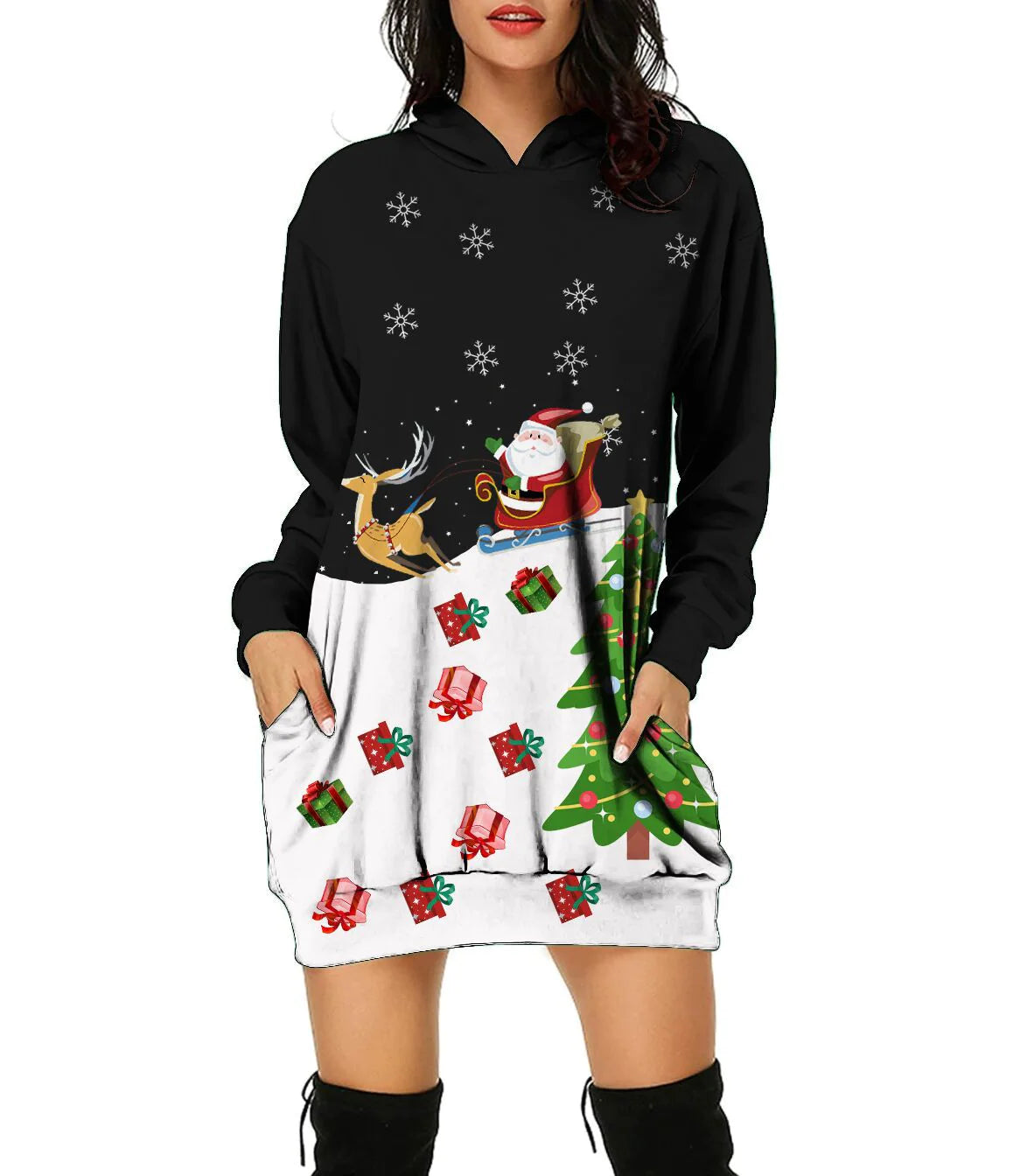 New Christmas Hoodie Moose 3D Printed Long Hoodie Autumn Loose Hoodie Dress