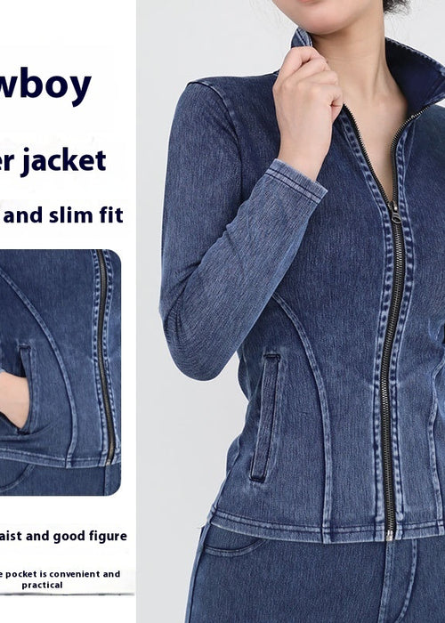 Slim Zippered Yoga Denim Jacket With Pockets High Collar Sports Fitness Outerwear Tops Coat For Women Clothing