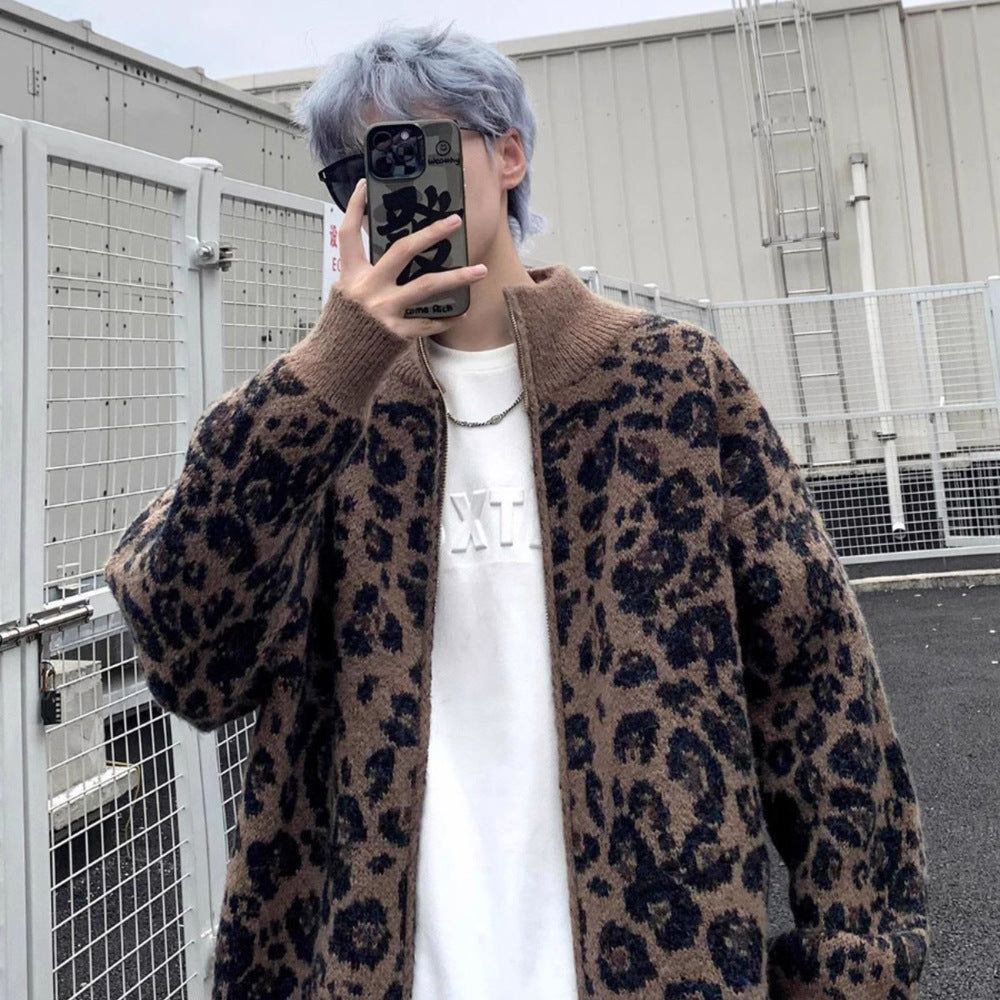 American Fashion Brand Leopard Cardigan Sweater Men