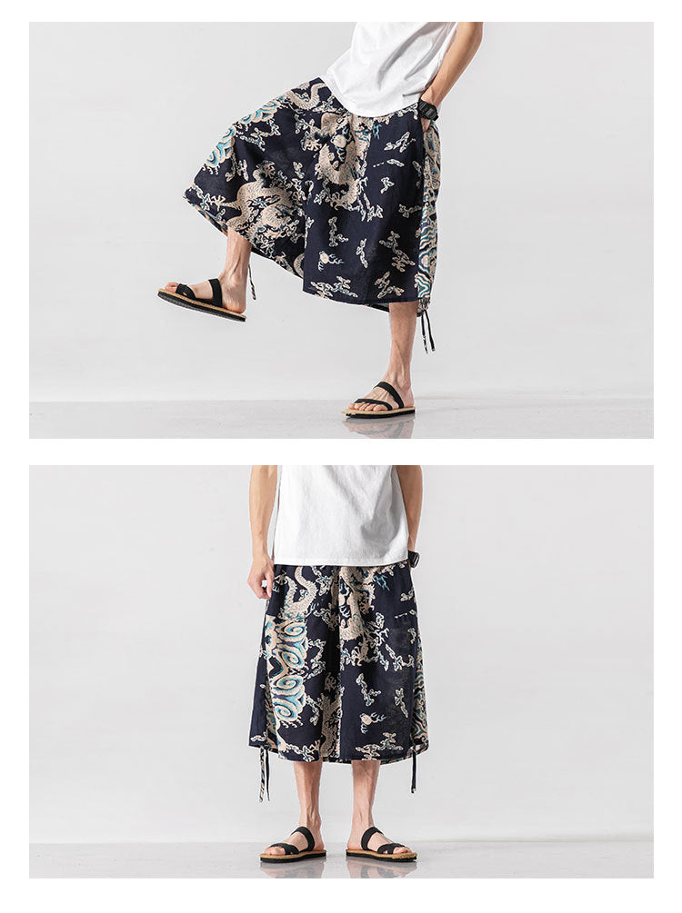 Men's Loose-fitting Chinese Style Elephant Flower Cropped Large Trunks Radish Beach Flower Pants