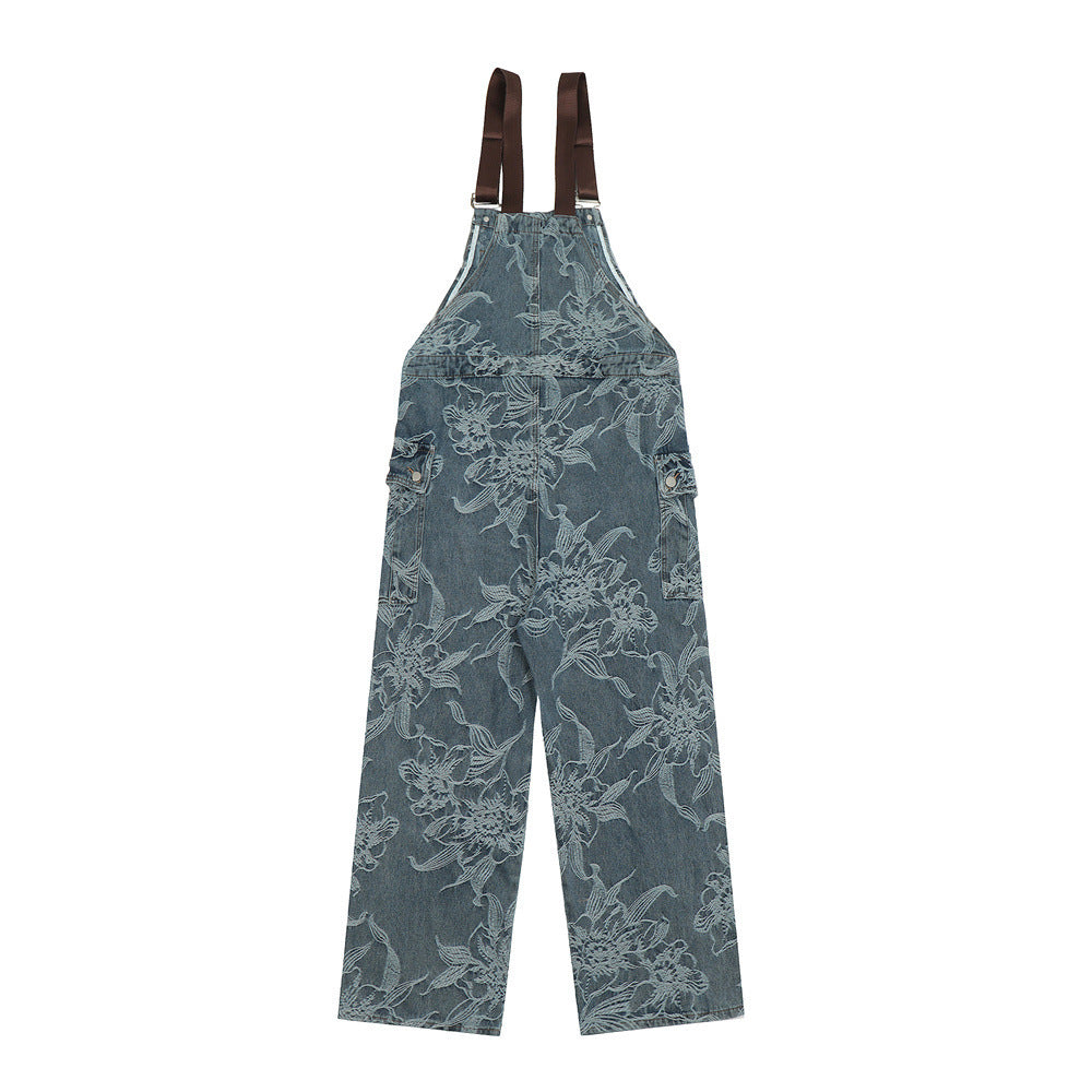 Flower Jacquard Denim Suspender Pants Men