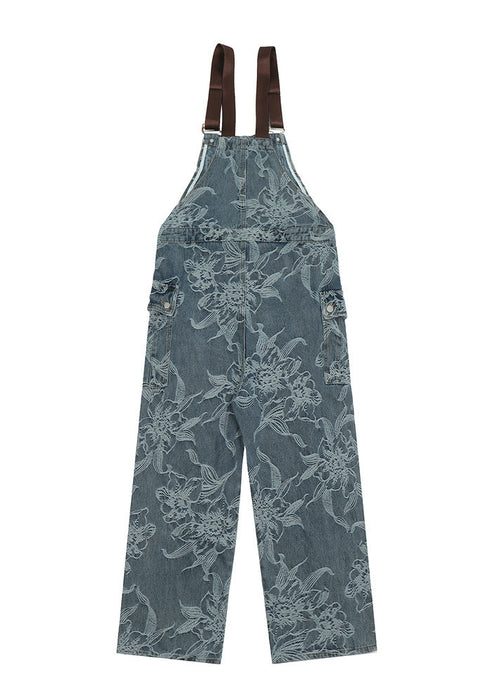 Flower Jacquard Denim Suspender Pants Men