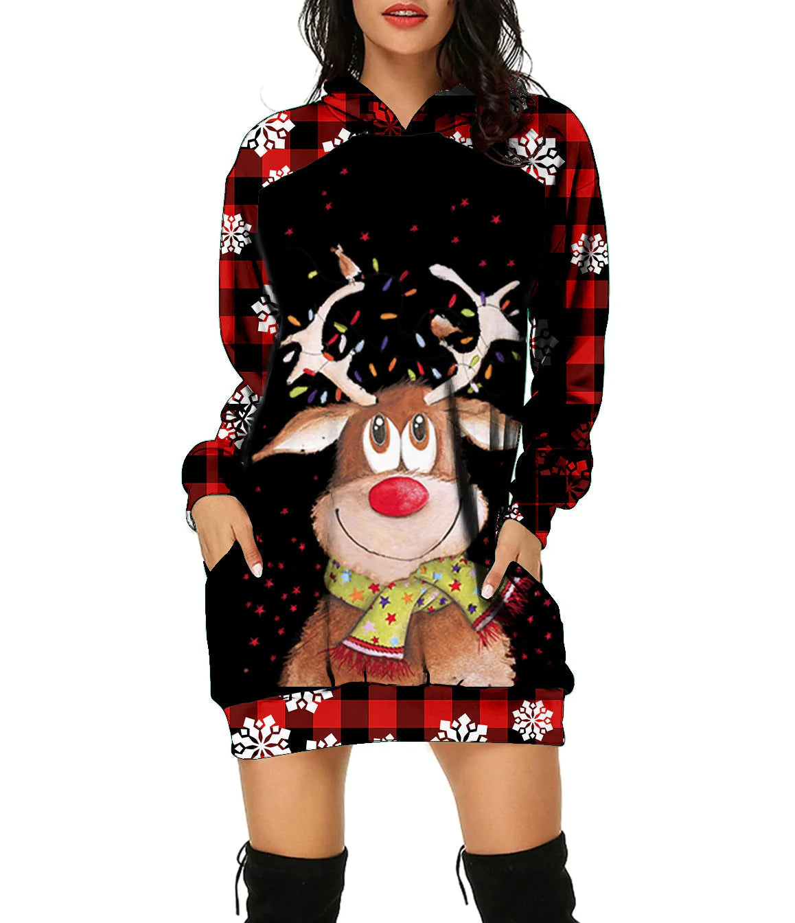 New Christmas Hoodie Moose 3D Printed Long Hoodie Autumn Loose Hoodie Dress