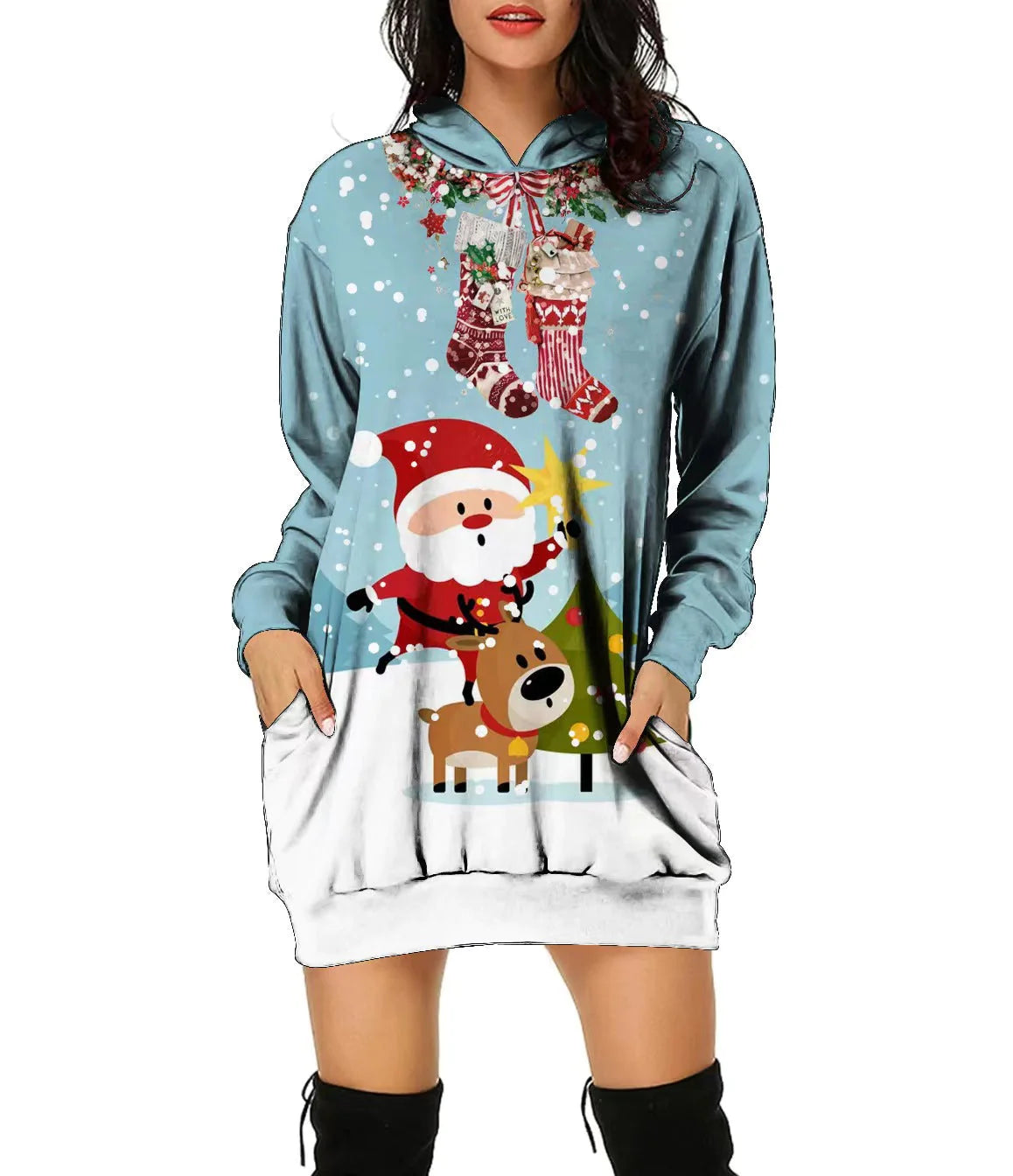 New Christmas Hoodie Moose 3D Printed Long Hoodie Autumn Loose Hoodie Dress