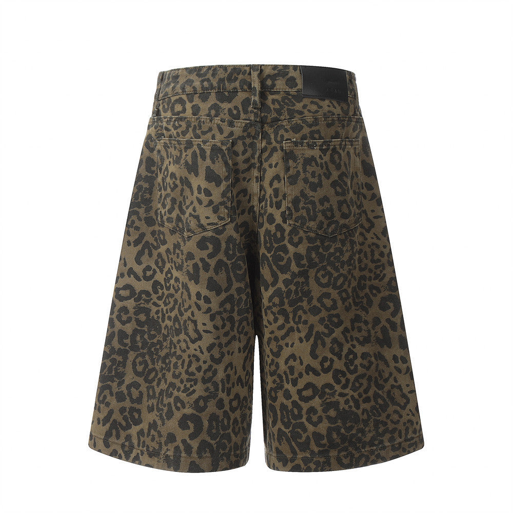 Leopard Print Denim Straight Five-point Pants Men