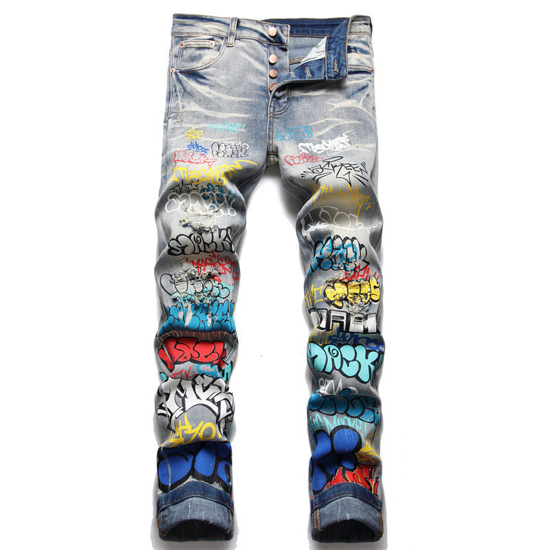 Punk Trendy Retro Blue Ripped Slim Elastic Printing Printing And Dyeing Feet Men's Jeans