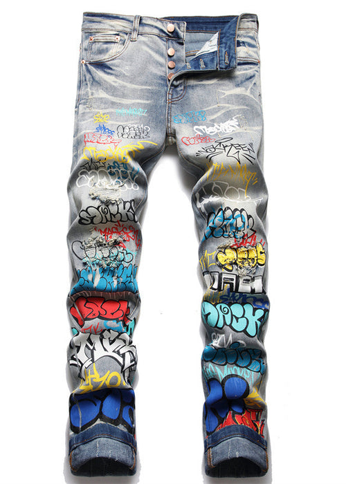 Punk Trendy Retro Blue Ripped Slim Elastic Printing Printing And Dyeing Feet Men's Jeans