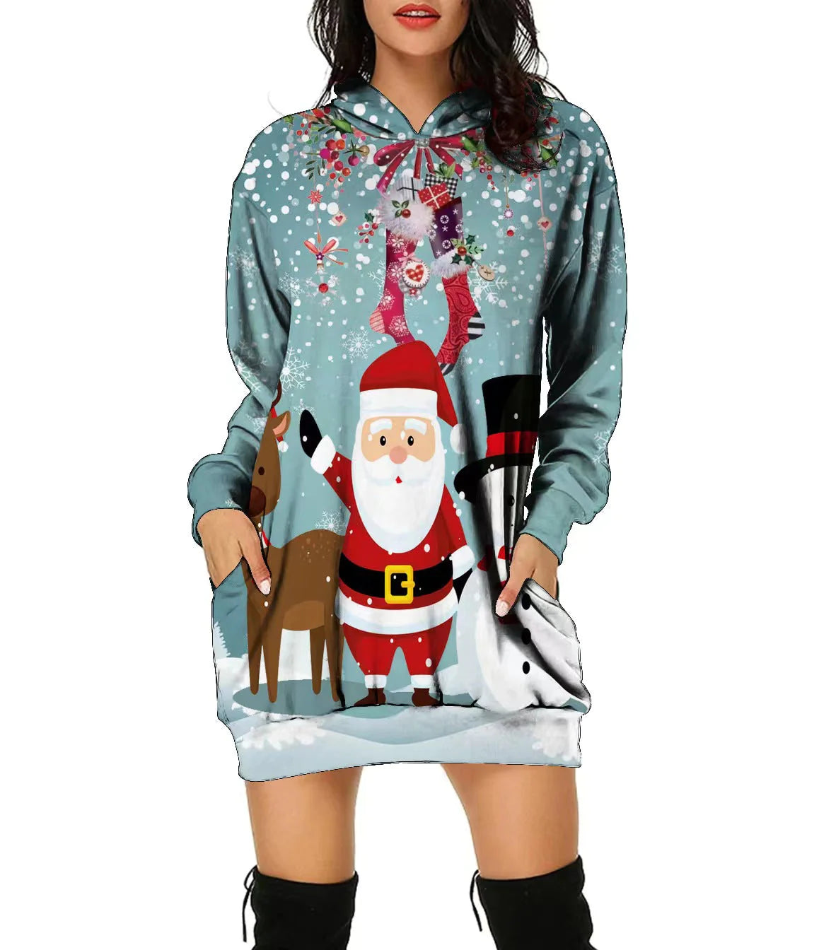 New Christmas Hoodie Moose 3D Printed Long Hoodie Autumn Loose Hoodie Dress