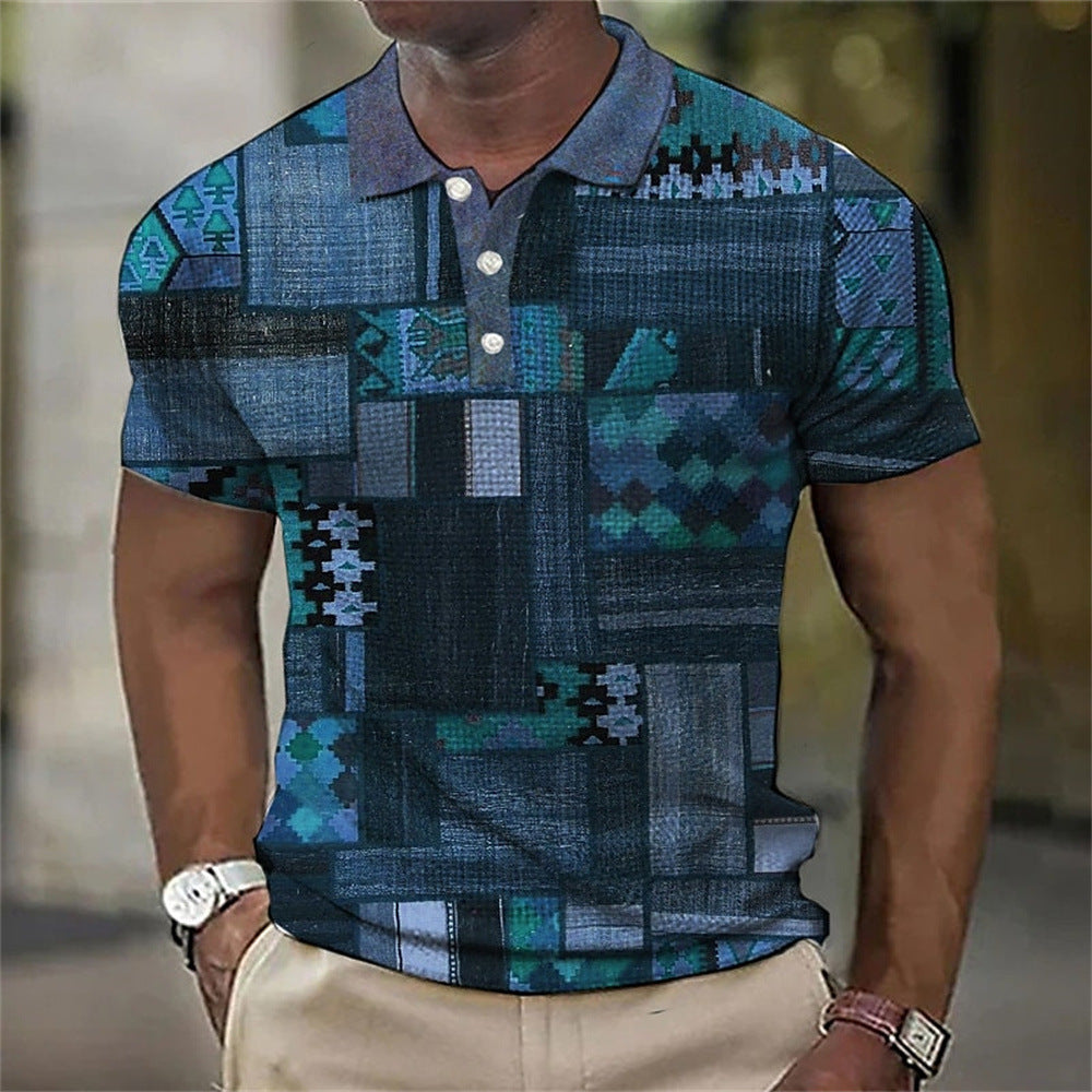 Fashion Men'S Polo Shirts 3d Splicing Plaid Printing Art Men