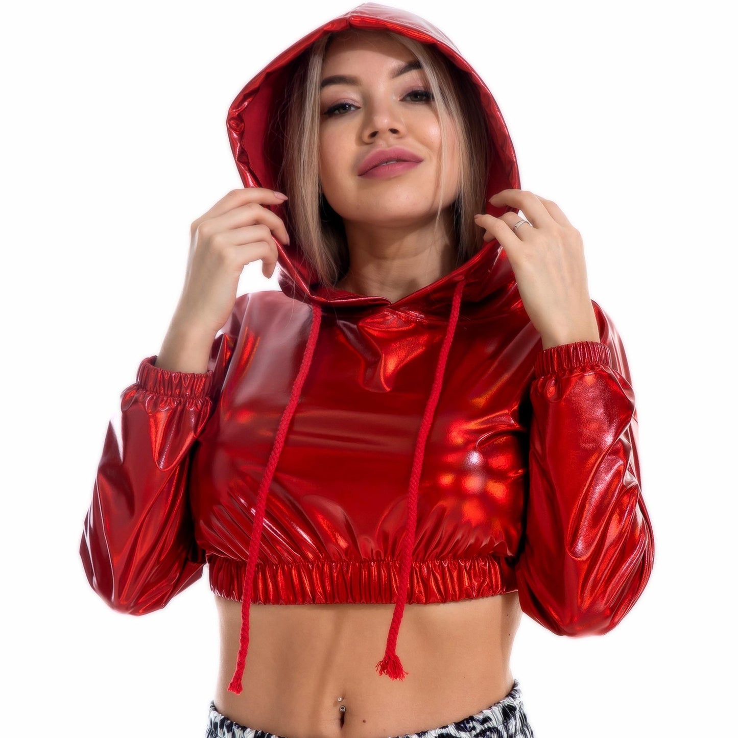 Bright Leather Sexy Long-sleeved Hooded Short Sweater