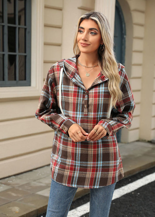 Fashion Plaid Print Hooded Sweatshirt With Button Loose Long Sleeve Hoodies Leisure Sports Top For Womens Clothing