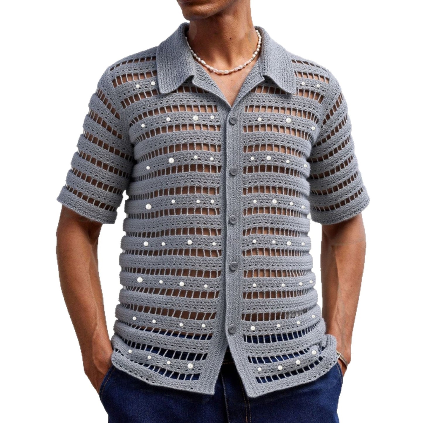 Men's French Beaded Design Hollow Sweater