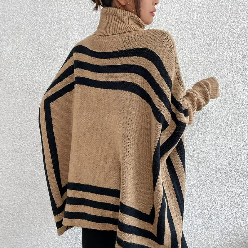 Turtleneck Striped Batwing Sleeve Cape And Shawl Sweater Coat