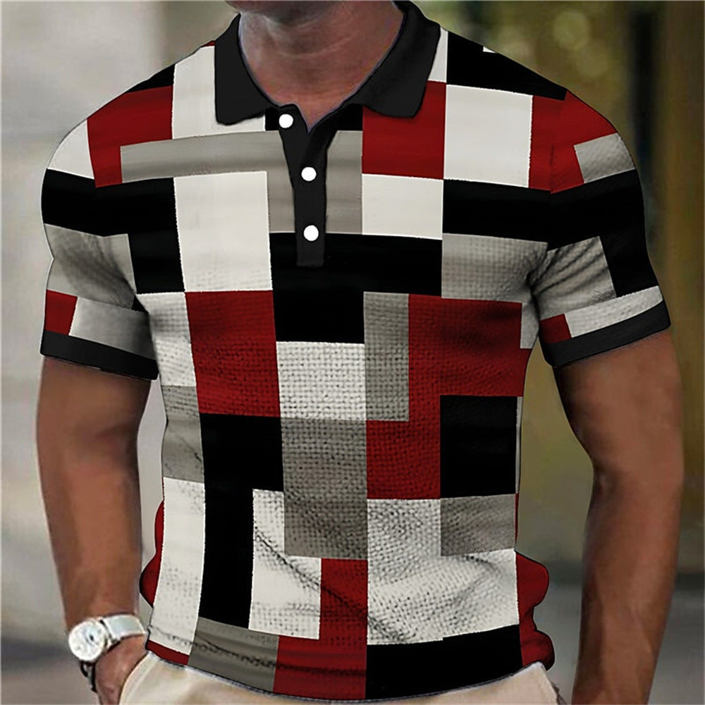 Fashion Men'S Polo Shirts 3d Splicing Plaid Printing Art Men