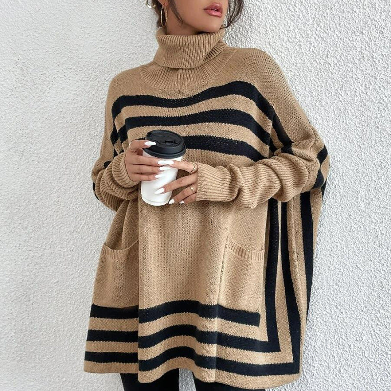 Turtleneck Striped Batwing Sleeve Cape And Shawl Sweater Coat