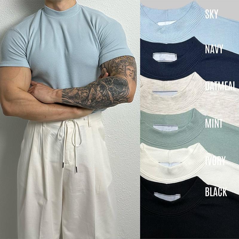 Men's American-style Pure Color Half Collar Thread Stretch T-shirt Top