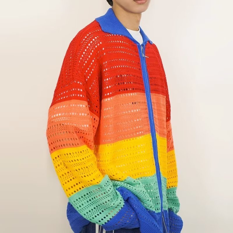 Colorful Striped Hollow Fashion Brand Casual All-matching Hip Hop Lapel Cotton Knitwear