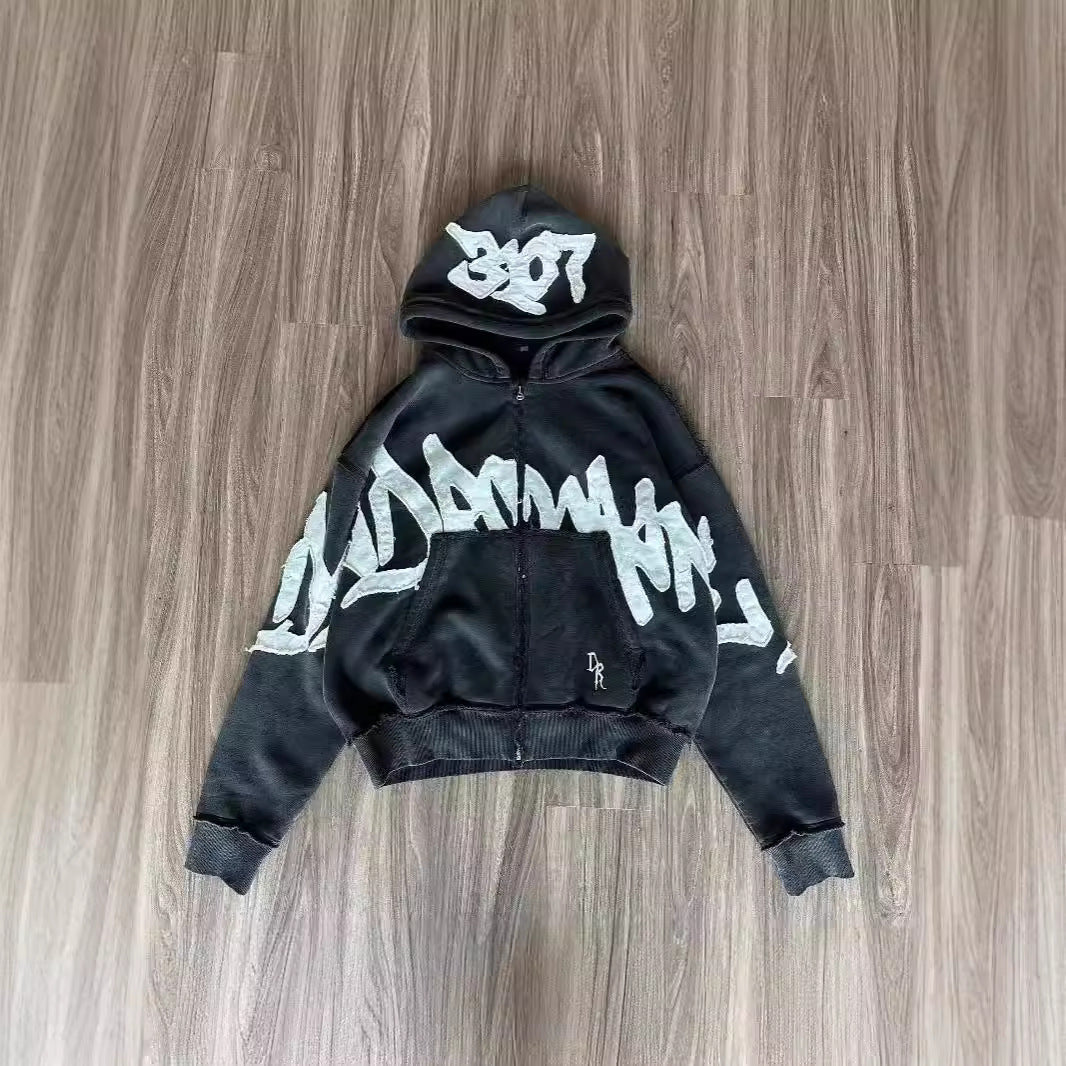 Hooded 3D Letter Print Loose Zip-Up Sweatshirt