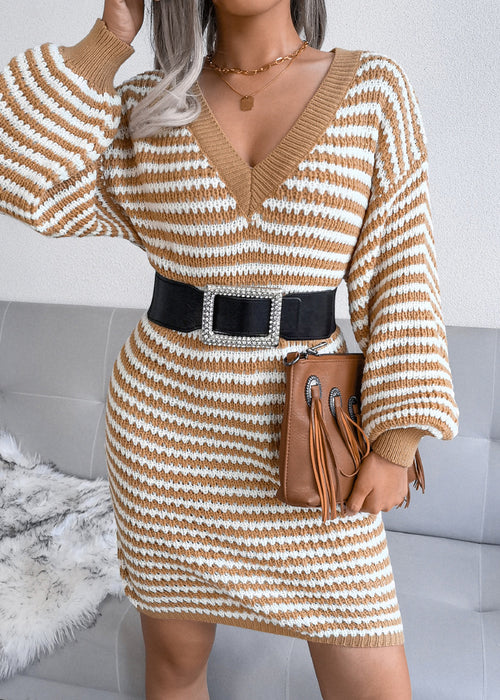 Ins Striped Sweater Dress V-neck Long Sleeve Dresses For Women