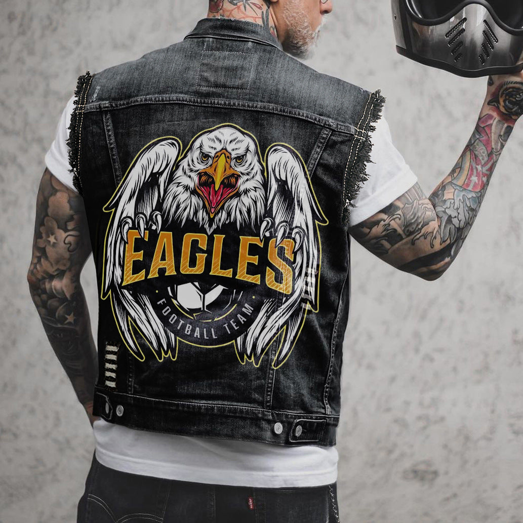 Eagle Print Street Denim Vest Coat