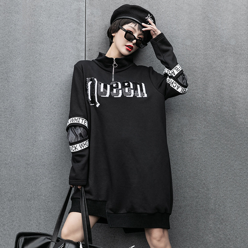 Street Style Long Asymmetrical Hem Printed Zipper Slim Sweater