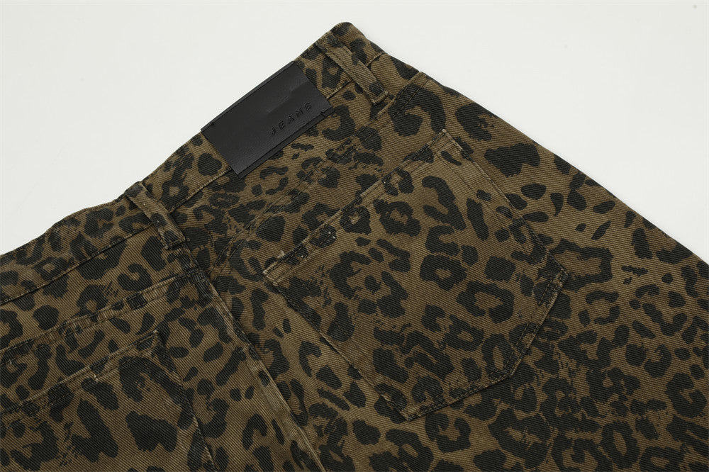 Leopard Print Denim Straight Five-point Pants Men