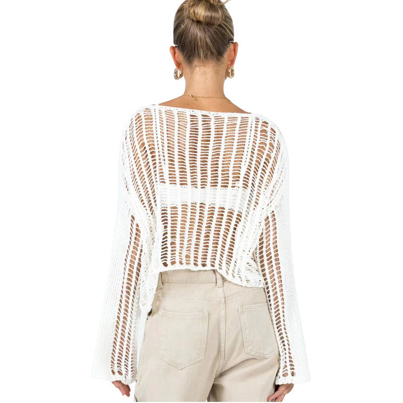 Women's Summer Thin Long Sleeve Hollow-out Knitted Blouse Top