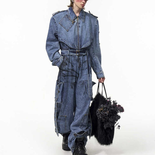 Dirty Dyed Denim Jumpsuit Men's Washed Blue Zipper Jeans