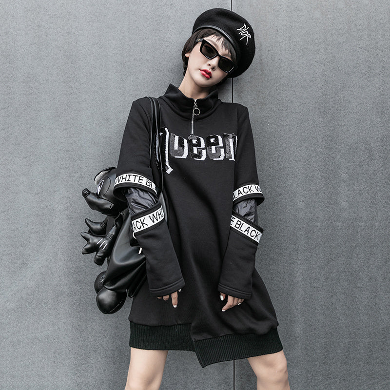 Street Style Long Asymmetrical Hem Printed Zipper Slim Sweater