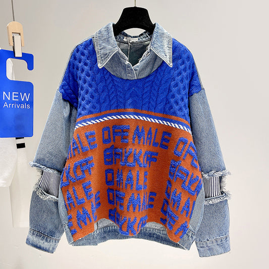 New Fake Two Piece Jacket Loose Denim Shirt