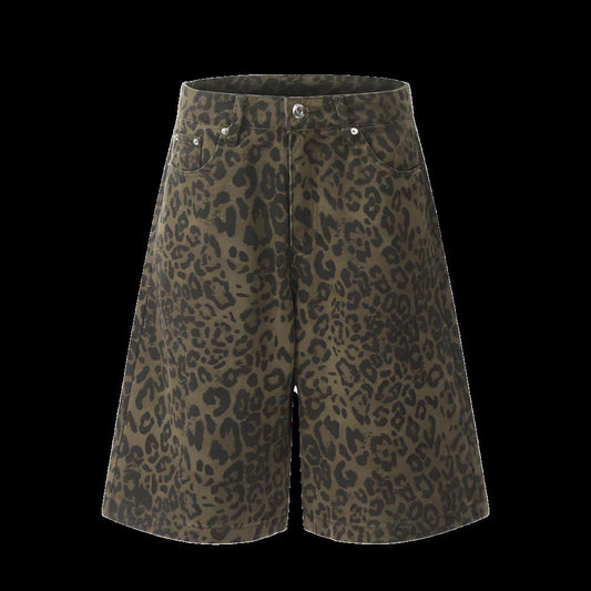 Leopard Print Denim Straight Five-point Pants Men