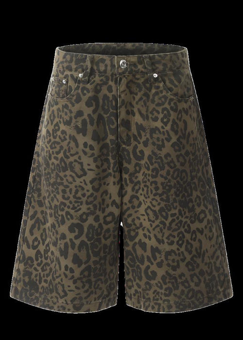 Leopard Print Denim Straight Five-point Pants Men