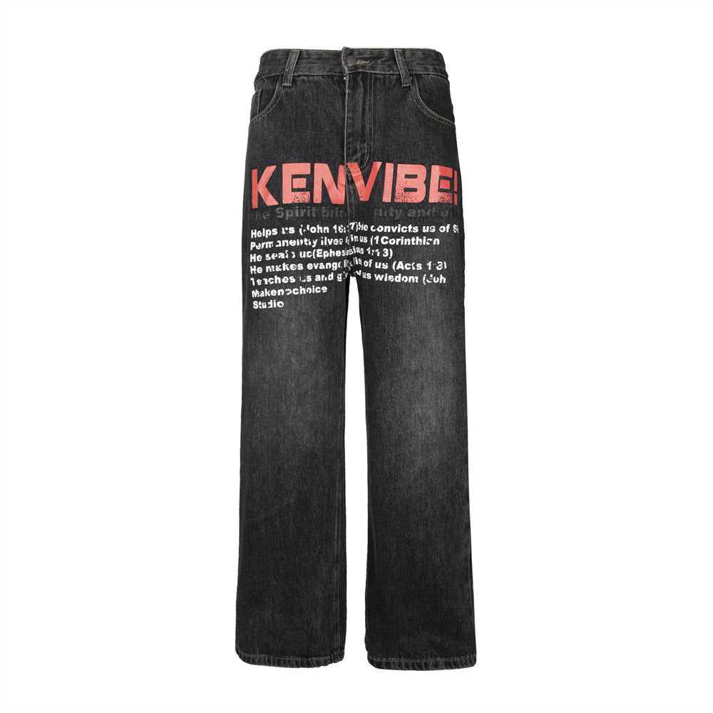 Letter Printing Wash Denim Trousers For Men