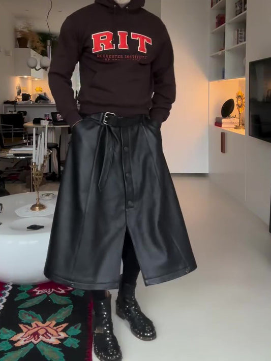 Black Leather Wide-Leg Midi Skirt