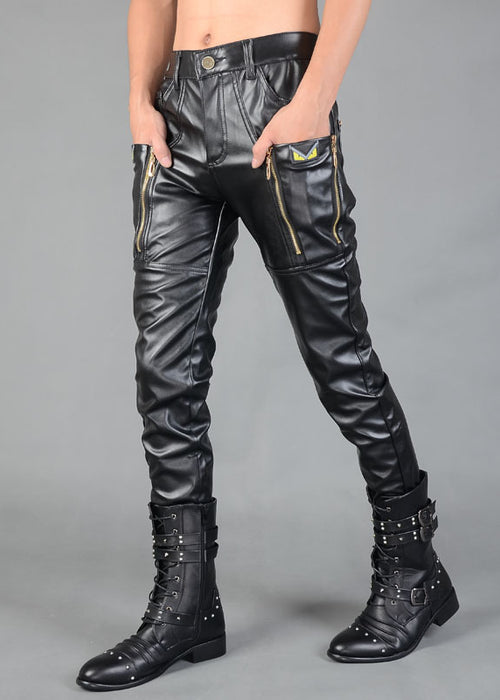 Men's Casual Autumn And Winter Men's Tight-fitting Zipper Stitching Leather Pants